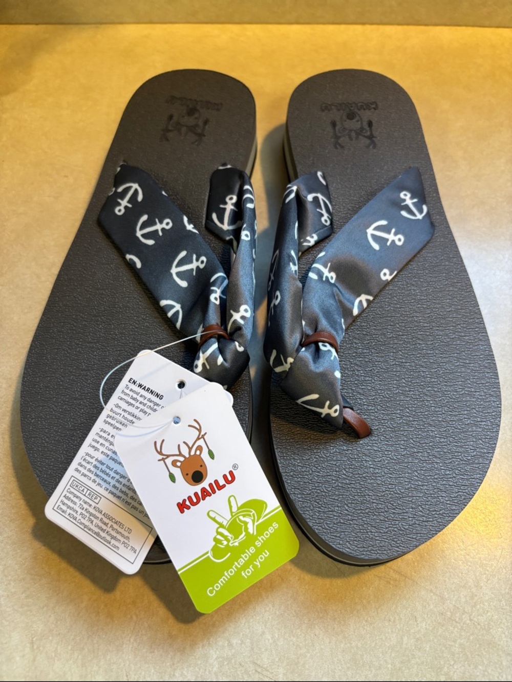 New Kuailu Size 8.5 Grey Cushion 👣 Soft Strap Flip Flops Anchors Design